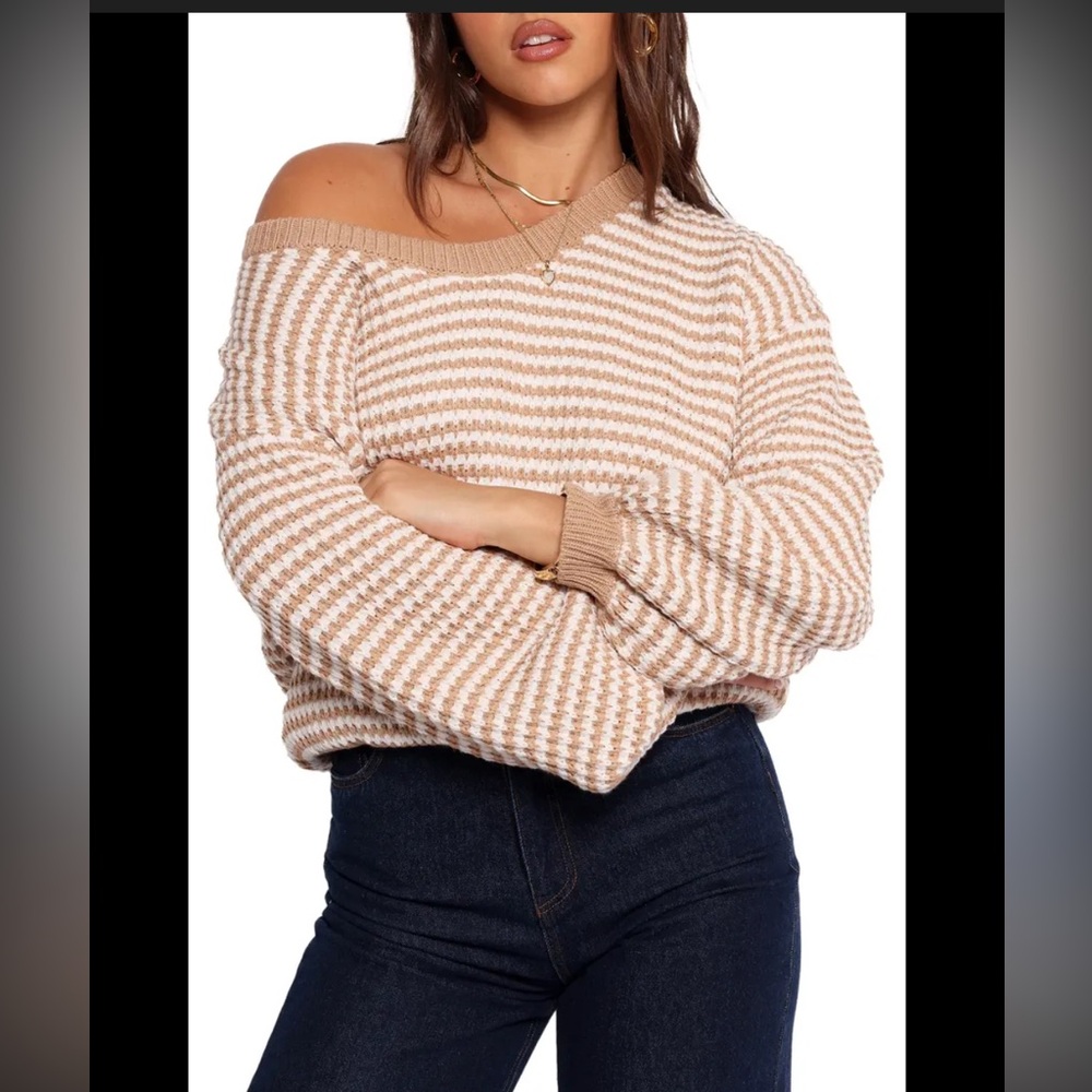 Petal and Pup Sweater - Becca Stripe Off-Shoulder Sweater tan/white